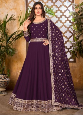 Embroidered Faux Georgette Trendy Salwar Kameez in Purple
