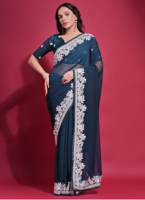 Embroidered Georgette Classic Saree in Teal