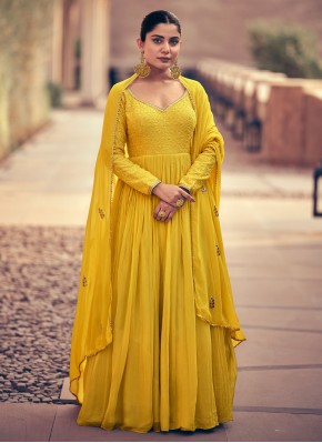 Embroidered Georgette Gown  in Yellow
