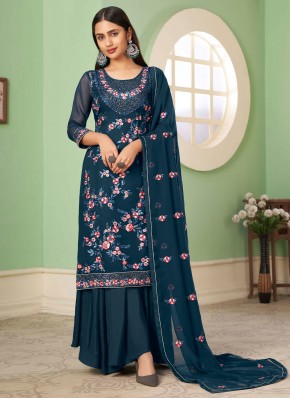 Embroidered Georgette Palazzo Salwar Suit in Blue