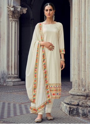 Embroidered Georgette Straight Salwar Suit in Off White