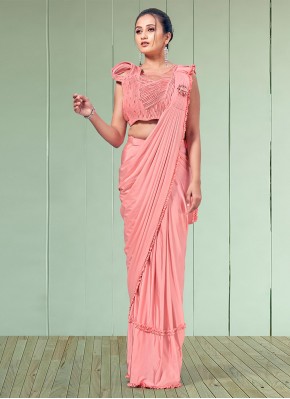 Embroidered Lycra Ready Pleated Saree in Peach