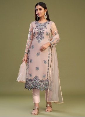Embroidered Net Trendy Salwar Suit in Peach
