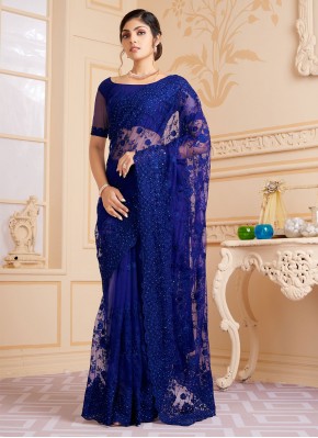Embroidered Net Trendy Saree in Blue