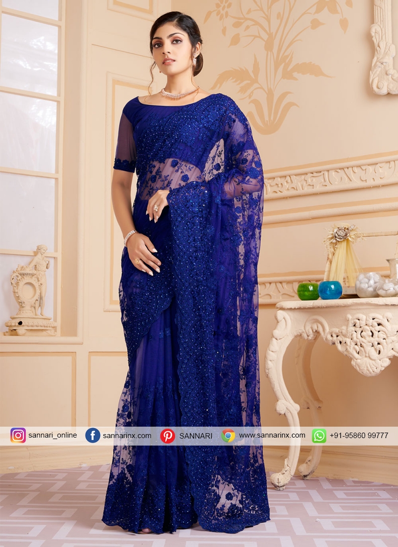 Embroidered Net Trendy Saree in Blue