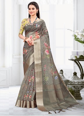 Embroidered Organza Printed Saree in Green