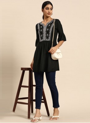 Embroidered Rayon Party Wear Kurti in Black