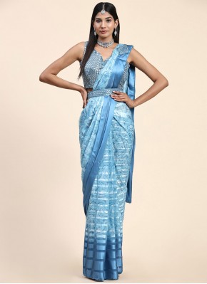 Embroidered Satin Silk Trendy Saree in Aqua Blue