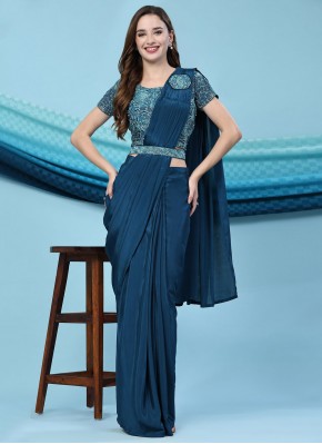 Embroidered Satin Silk Trendy Saree in Blue