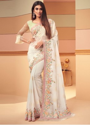 Embroidered Silk Classic Designer Saree in Off White