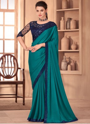 Embroidered Silk Contemporary Saree in Turquoise