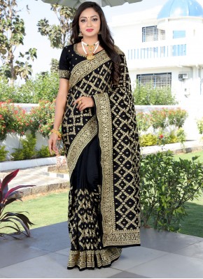 Embroidered Vichitra Silk Traditional Designer Saree in Black