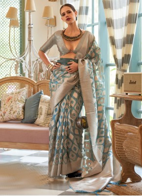 Enchanting Tissue Zari Blue and Grey Trendy Saree