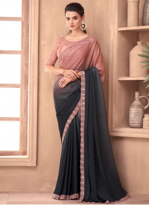 Energetic Embroidered Silk Black and Rose Pink Contemporary Saree
