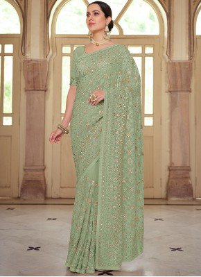 Energetic Green Embroidered Georgette Contemporary Saree