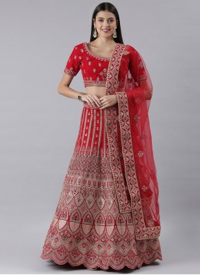 Engrossing Resham Red Silk Trendy Lehenga Choli