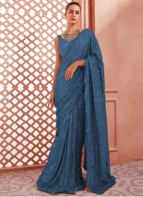 Enthralling Sequins Navy Blue Georgette Contemporary Style Saree