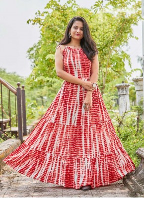 Enticing Rayon Printed Red Designer Gown