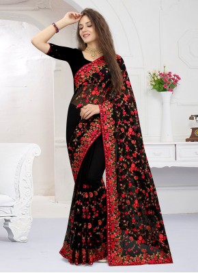 Especial Embroidered Georgette Black Traditional Saree