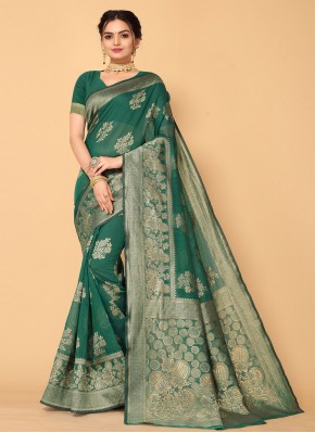 Especial Green Woven Blended Cotton Traditional Saree