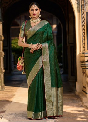 Ethnic Jacquard Silk Green Woven Traditional Saree