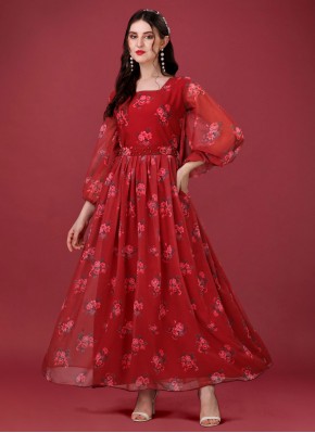 Ethnic Red Faux Georgette Gown 
