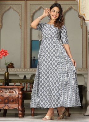 Exquisite Cotton Printed Grey Readymade Gown