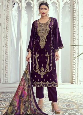 Exquisite Embroidered Purple Velvet Pakistani Salw