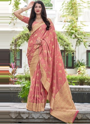 Exquisite Satin Silk Woven Pink Traditional Saree