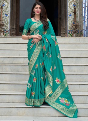 Eye-Catchy Sea Green Woven Silk Traditional Designer Saree