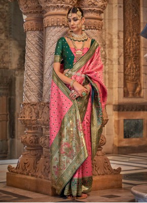 Fabulous Jacquard Silk Weaving Pink Contemporary Saree