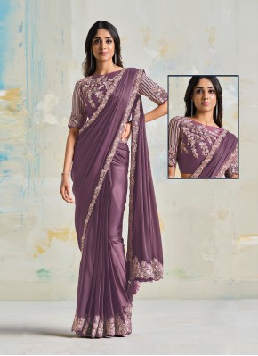 Fabulous Satin Silk Purple Embroidered Designer Saree