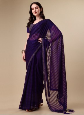 Fabulous Stone Work Purple Silk Classic Designer Saree