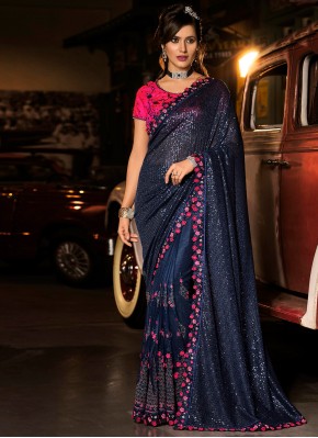 Fancy Fabric Designer Saree in Navy Blue