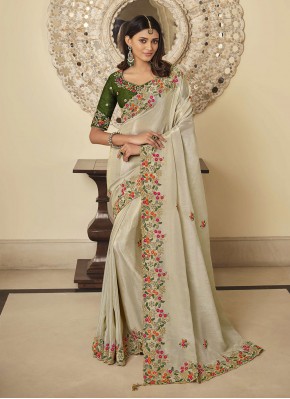 Fancy Fabric Embroidered Off White Contemporary Saree