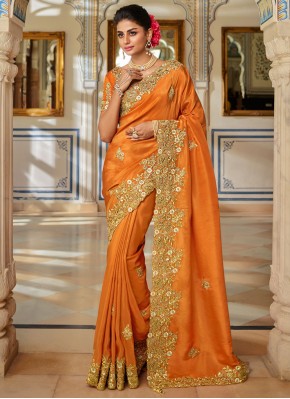 Fancy Fabric Embroidered Orange Designer Traditional Saree