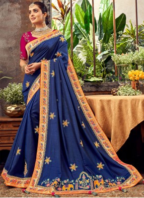Fancy Fabric Embroidered Traditional Designer Saree in Blue