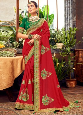 Fancy Fabric Embroidered Traditional Designer Saree in Red