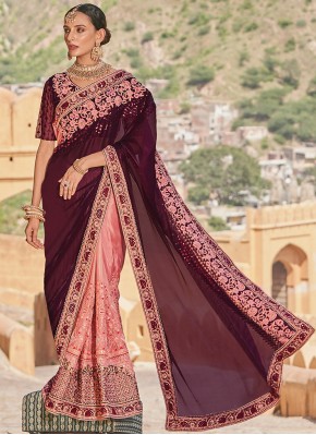 Fancy Fabric Pink and Wine Classic Saree