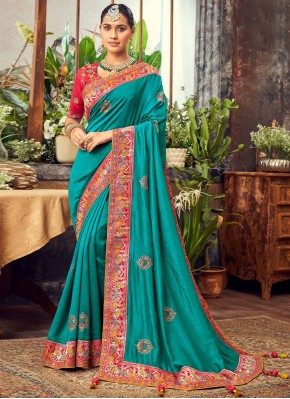 Fancy Fabric Turquoise Embroidered Traditional Saree