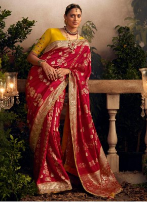 Fascinating Embroidered Red Silk Classic Saree