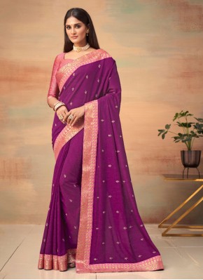 Fascinating Vichitra Silk Purple Traditional Designer Saree
