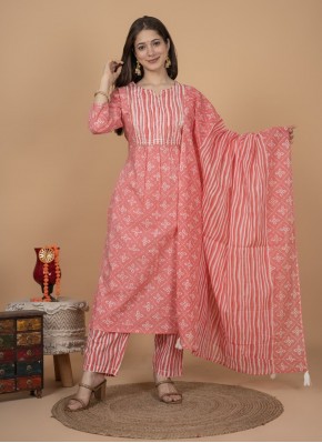 Fashionable Printed Pink Cotton Readymade Suit
