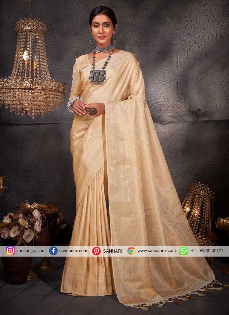 Fashionable Woven Kanjivaram Silk Cream Classic Saree