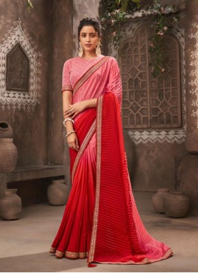 Faux Chiffon Pink and Red Shaded Saree
