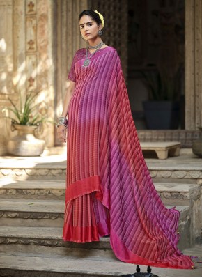 Faux Chiffon Printed Shaded Saree in Purple and Red