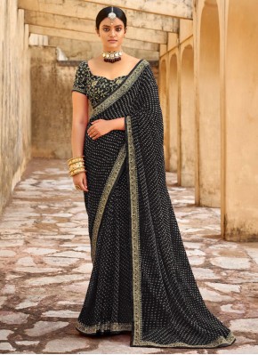 Faux Georgette Embroidered Contemporary Saree in Black