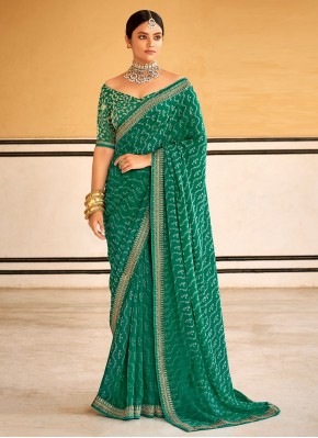 Faux Georgette Embroidered Green Contemporary Saree