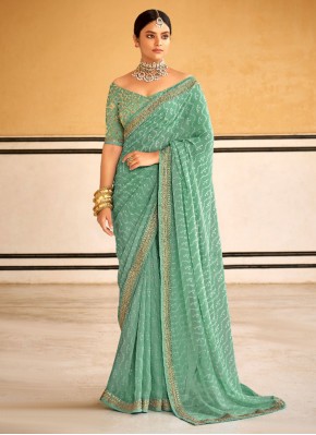 Faux Georgette Green Embroidered Contemporary Saree