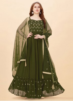 Faux Georgette Layered Gown in Green